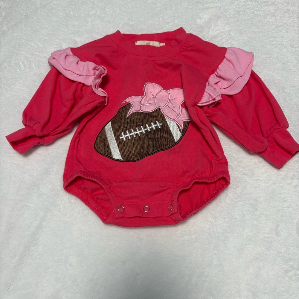 Nicole Marie Football Bubble Romper Pink Ruffle Baby Girl 0-3M EUC